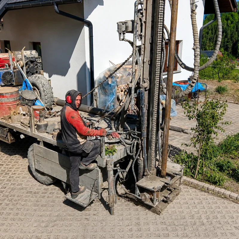 Wiertnica pracująca na ciasnej posesji przy budynku